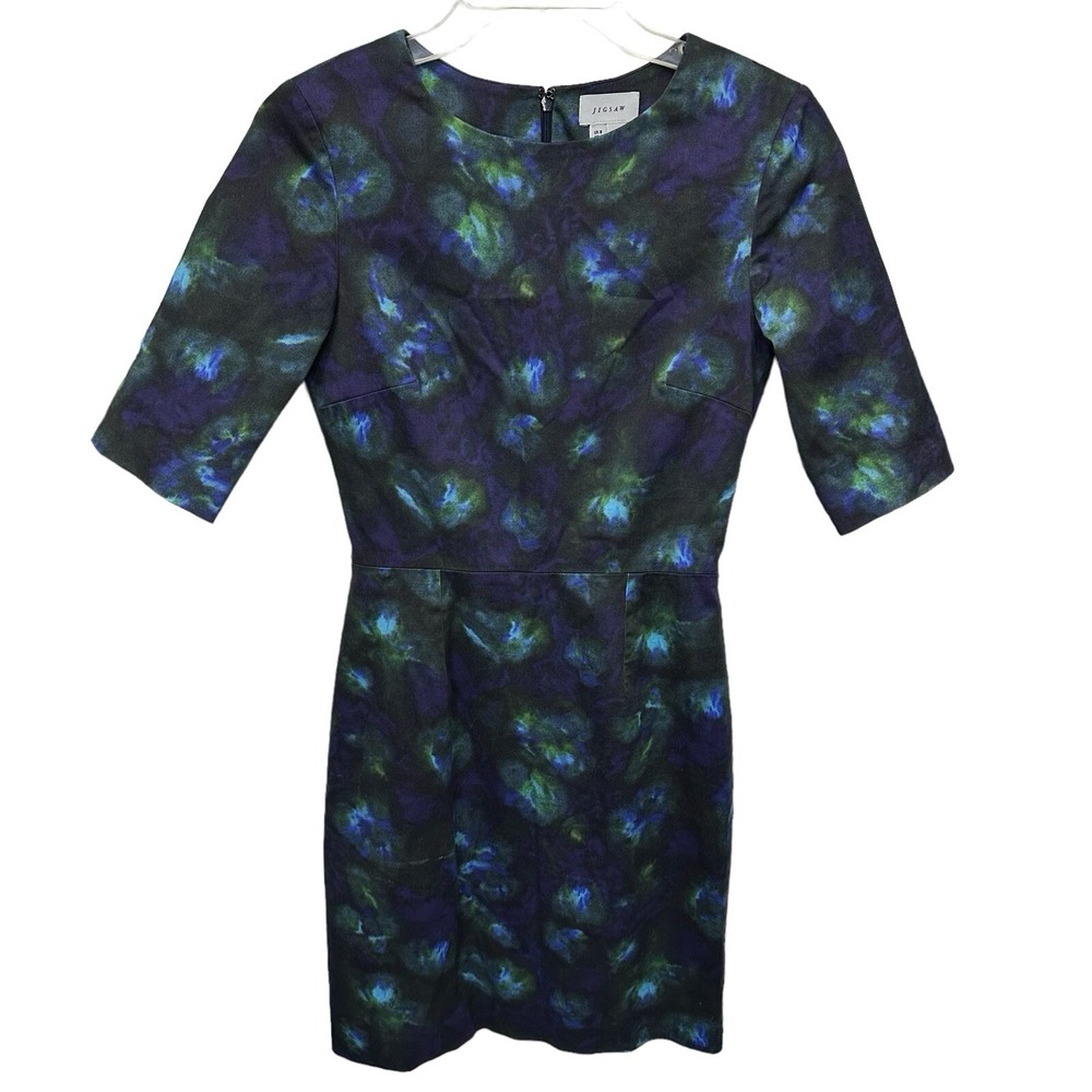 Jigsaw peacock dress size 8 navy blue green shift stretch lined half sleeve